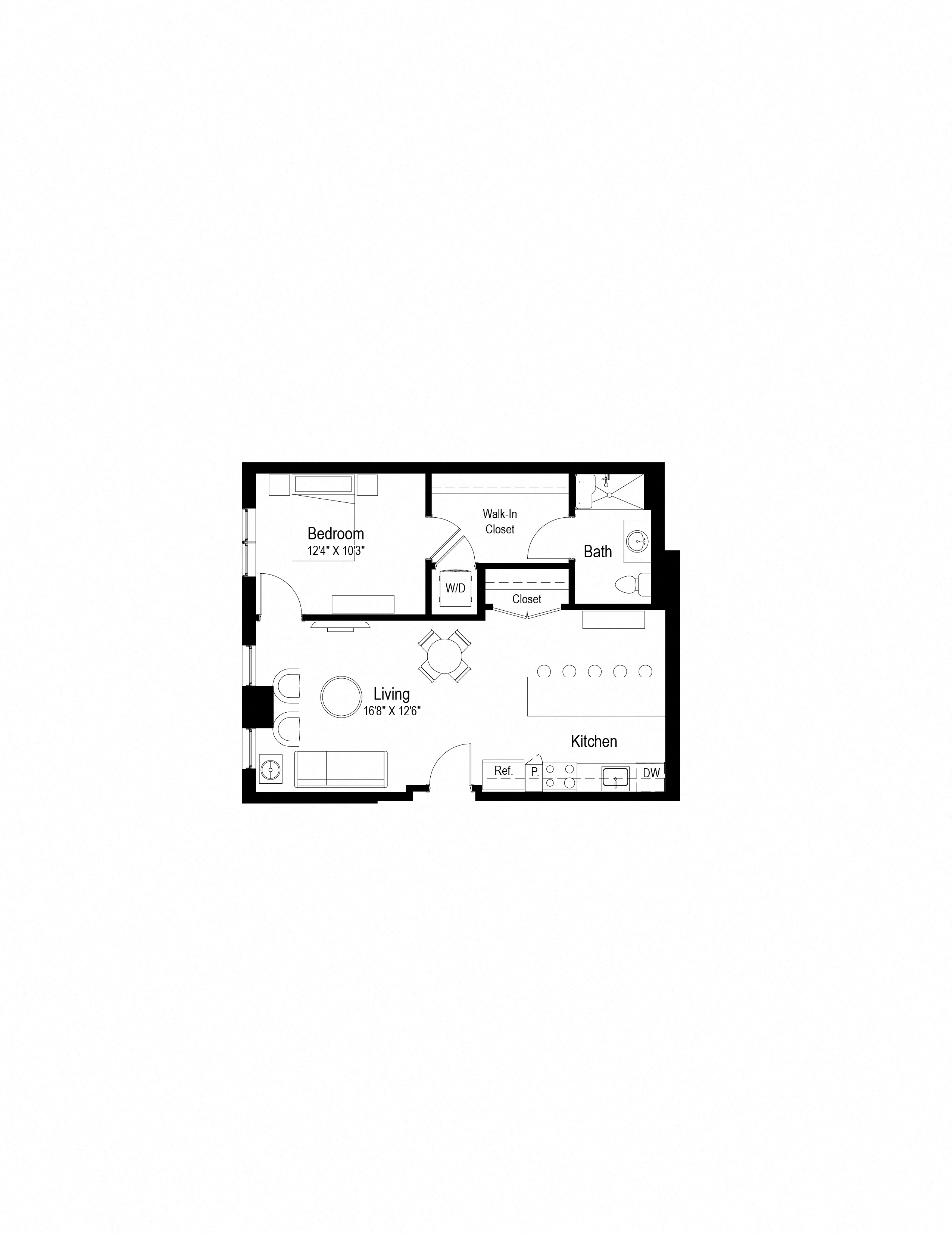 Floor plan for 1 bed, 1 bath, 734 sqft
